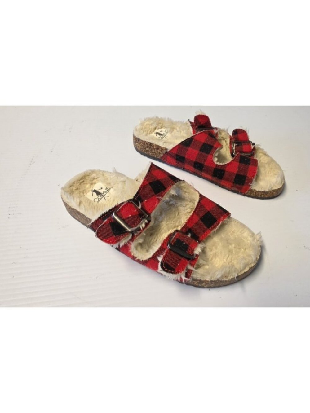 Corkys Women's Butterfly Slide Sandal Red Buffalo Checker Faux Fur Size 8